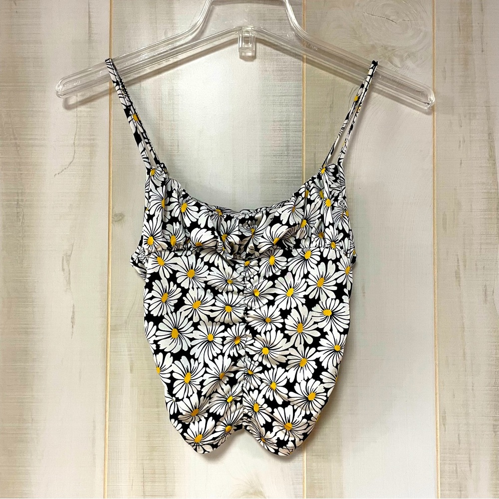 Urban Outfitters Black White Yellow Daisy Print Ruched Cropped Tank Top Sz S